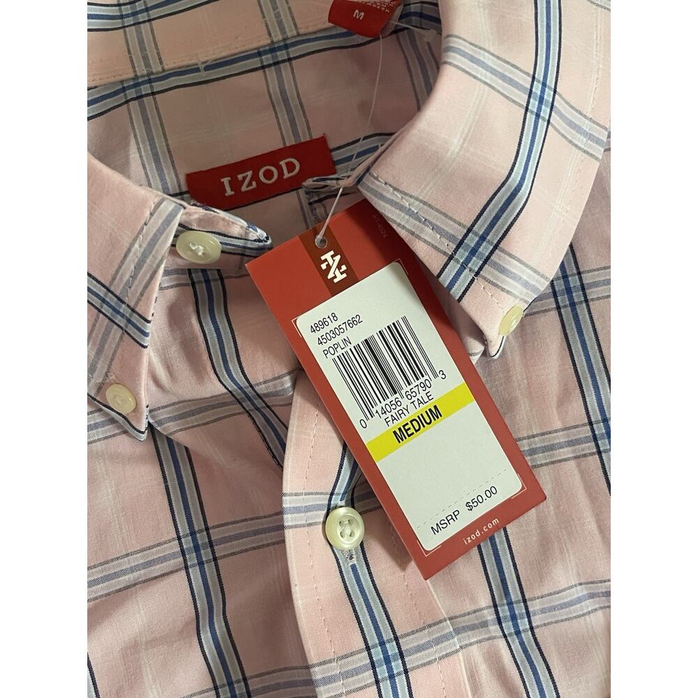Men's Izod Pink Poplin Plaid Button Down Shirt Size Medium NWT